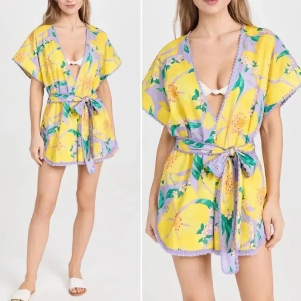 FARM RIO Floral Yellow and Purple V-Neck Shorts Romper - NO BELT - Open - NWOT